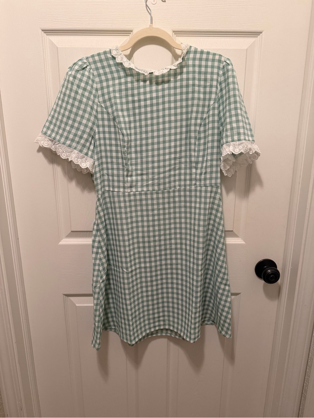 Gingham Dress Summer Short Sleeve Crew Neck Lace Panel Plaid Mini Dress